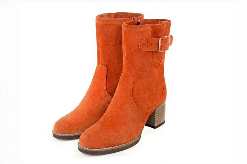Classic leather ankle boots featuring adjustable side buckles and sleek hardware for secure support and timeless everyday style, in apricot leather with round toe and mid block heel